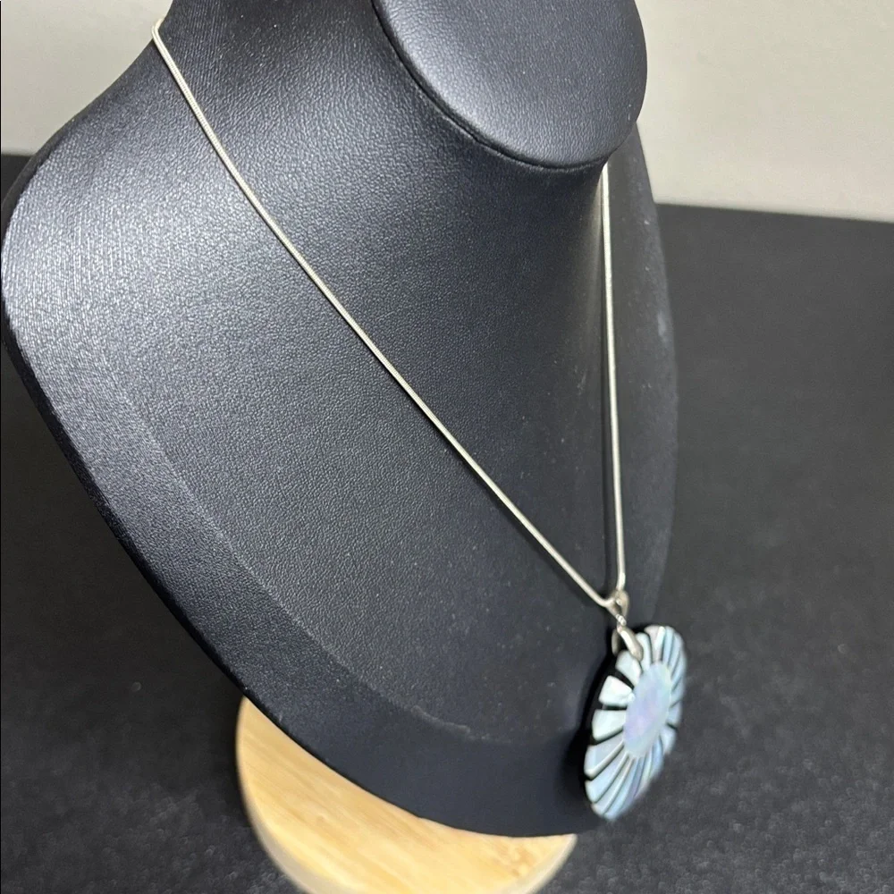 Sunburst Abalone Shell Round Pendant Silver Tone Chain Necklace